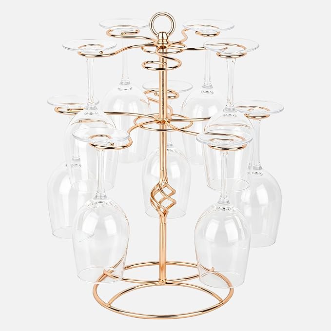 QPIX DIGITAL Wine Glass Rack 2 Tier 10 Holders Wine Glass Holder Stand, Elegant Rose Gold Cocktail Tree Stand Countertop Tabletop Stemware Rack for Home and Bar Storage,Easy Assembly
