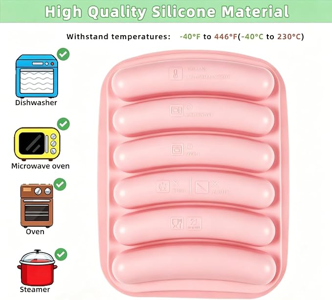2 Pcs Silicone Sausage Mold with a Set of Silicone Brush Spatula and 25x Pastry Bags, Non-Stick Hot Dog Bun Pan, DIY Handmade Ham Sausage, Hot Dogs Baking Mold for Children's Food with Lid (Pink*2)