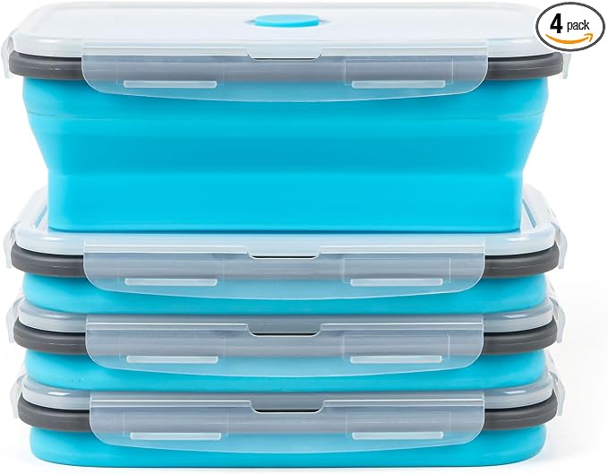 Collapsible Silicone Food Storage Containers Set with Lid & Air Vent,Foldable Lunch Containers(4PCS,Blue,40oz)
