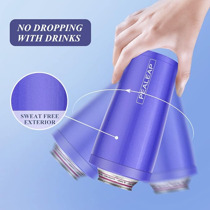 Pealeap 4-in-1 Insulated Slim Can Cooler for All 12oz Cans & Beer Bottles | Double-walled Stainless Steel Vacuum Can Cozy | Keep 8Hrs Cold | Universal Fits 12oz Drinks | No Sweat | Cup Holder Friendly