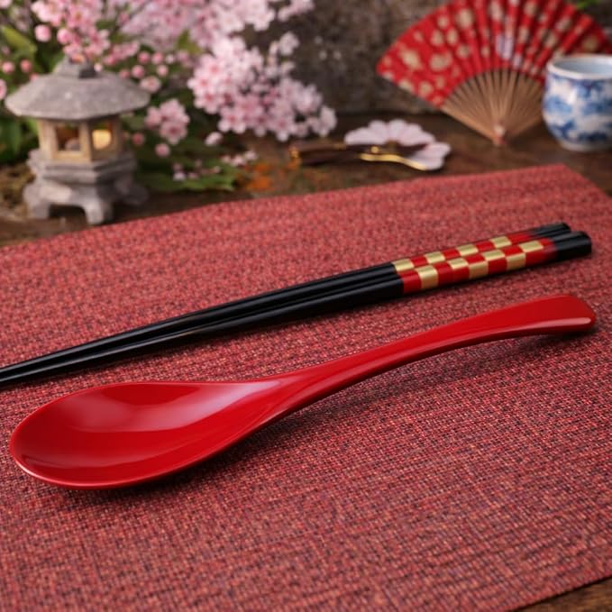 Premium Japanese Chopsticks with Spoon Reusable [ Made in Japan ] Traditional Lacquer Art Wooden Chopsticks (Checker RD(YM2004))