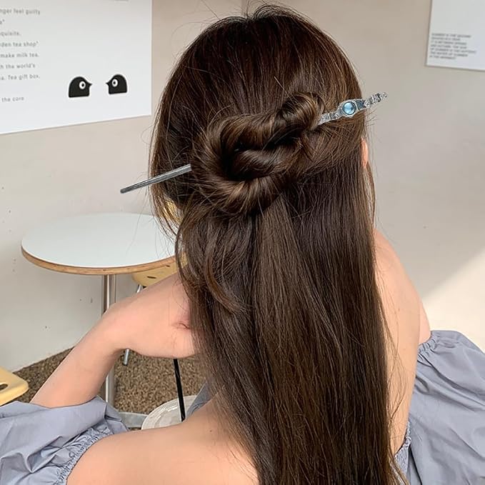 4 Pack Moonstone Hair Sticks for Bun Metal Shinny Moonstone Hair Fork Hairpin Chinese Style Hair Chopsticks Elegant Vintage Hair Accessories for Women Girls Long Hair