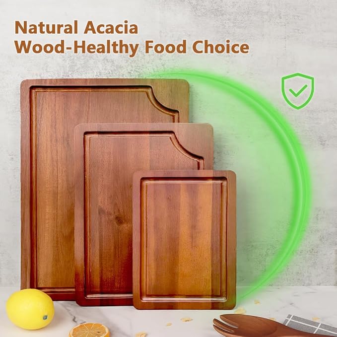 AIDEA Wood Cutting Board, Wooden Cutting Boards for Kitchen, Acacia Wood Chopping Board Set of 3 with Deep Juice Groove, for Meat, Vegetables, and Fruit