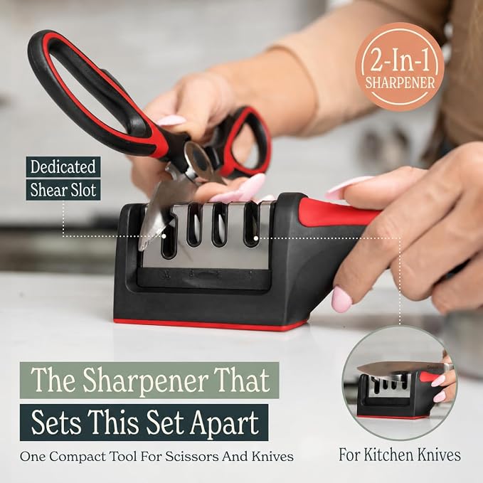 Heavy Duty Kitchen Shears With Sharpener - Lifetime Replacement Warranty* - Multipurpose Stainless Steel Scissors for Food - Sharp Food-Grade Kitchen Scissor for Meat, Seafood, Poultry - Set (Red)