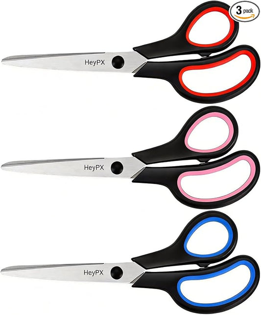3-Pack 8.5" Ultra Sharp Stainless Steel Scissors - Premium All Purpose for Office, Crafts, Sewing, Home & School | Comfort-Grip Ambidextrous (Left & Right Handed)