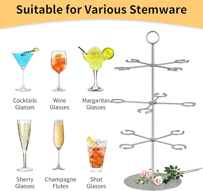 QPIX DIGITAL Cocktail Tree Stand, Metal Drink Tower, 3 Tier - 12 Holders For Champagne, Cocktails,Martini, Margarita Cups at Weddings, Bridal Shower, Mimosa Bar Parties & Events (Silver)
