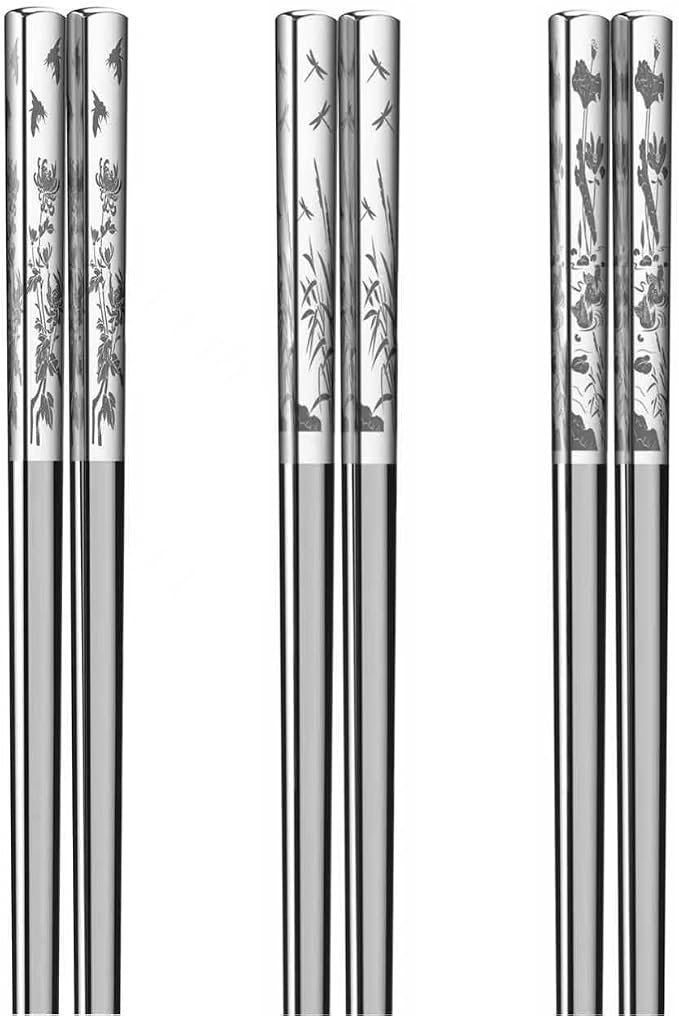 Stainless Steel Chopsticks - Laser-Engraved,Reusable metal chopsticks Non-Slip Tips, Dishwasher Safe Metal Utensils for Sushi, Cooking, Family & Gifts 9.25 Inches (Classic)