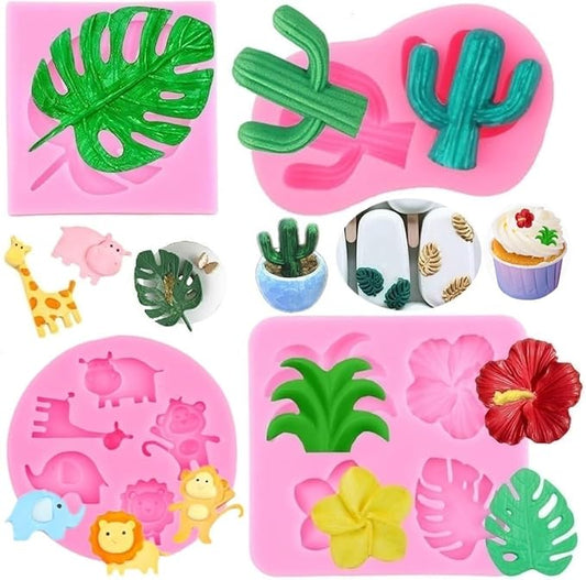Tropical Flowers Leaves Mold,Animal Silicone Mold,Plumeria Hibiscus Flower Monstera Leafage Chocolate Molds Cactus Fondant Mould for Cake Candy Cupcake Pudding Hawaiian Party Decoration