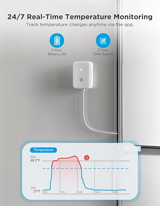 GoveeLife WiFi Refrigerator Thermometer Sensor with Alarm, 1-Pack & Gateway | Monitor fridge/freezer temp remotely with app alerts & buzzer 230ft range. For kitchen/hot tub, only support 2.4G Wi-Fi