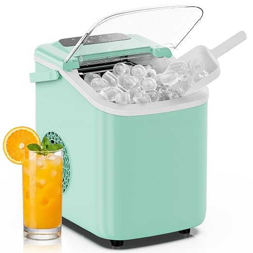 DUMOS Ice Maker Countertop, Ice Machine with Portable Handle, Basket and Scoop, 26lbs Daily, 9 Bullet Cubes in 6-8 Mins, Auto-Cleaning for Home, Kitchen, Office, Outdoors, RV Camping