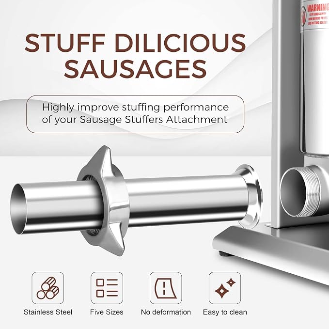 5-Size Stainless Steel Sausage Stuffer Tubes | Food-Grade Sausage Stuffing Funnels (8mm-15mm-21mm-31mm-38mm), 52mm Base Diameter Replacement Horns for Home Sausage Making