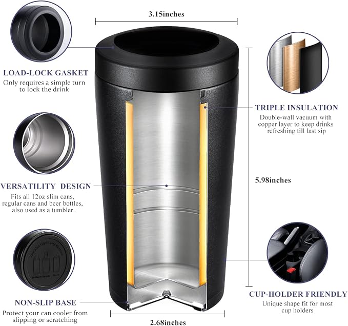 Pealeap 4-in-1 Insulated Slim Can Cooler for All 12oz Cans & Beer Bottles | Double-walled Stainless Steel Vacuum Can Cozy | Keep 8Hrs Cold | Universal Fits 12oz Drinks | No Sweat | Cup Holder Friendly