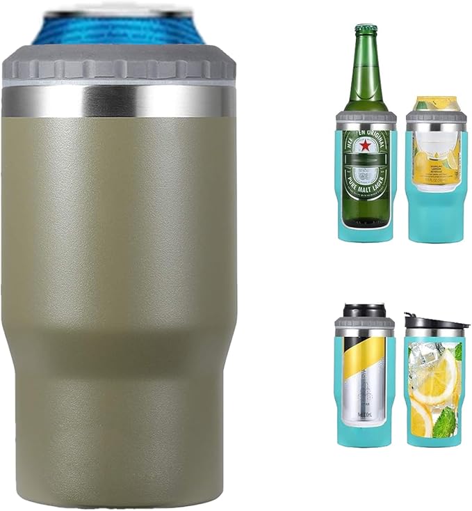 4 in 1 Stainless Steel Can/Bottle Insulator, 14oz Two-Way Lids SUS Insulated Can Cooler, Beer Bottle holder (Olivaceous)