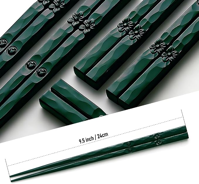 YFWOOD 5 Pairs Fiberglass Chopsticks, Dishwasher Safe Reusable Chopsticks, Non Slip Japanese Style Chop Sticks, 9.5 Inch - Green