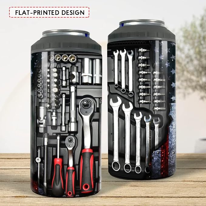 SANDJEST Mechanics Tumbler Mechanic Dad Tool Box 4 in 1 12oz Can Cooler Coozie Skinny Stainless Steel Tumbler for Daddy Father Papa Birthday