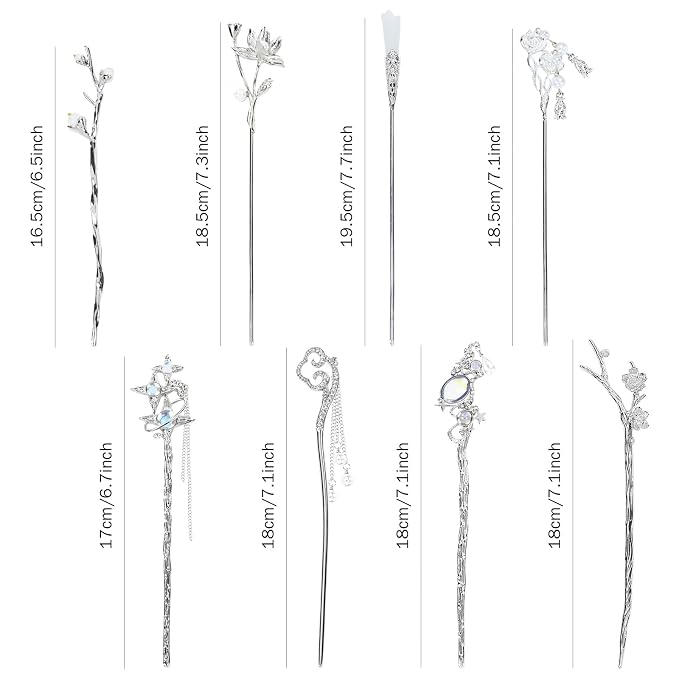 inSowni 8 Pieces Decorative Retro Crystal Pearl Silver Hair Sticks Pins with Pendants Asian Chinese Hanfu Cloud Star Lotus Flower Hair Forks Chopsticks Bun Updo Holders Long Hairpins for Women Girls