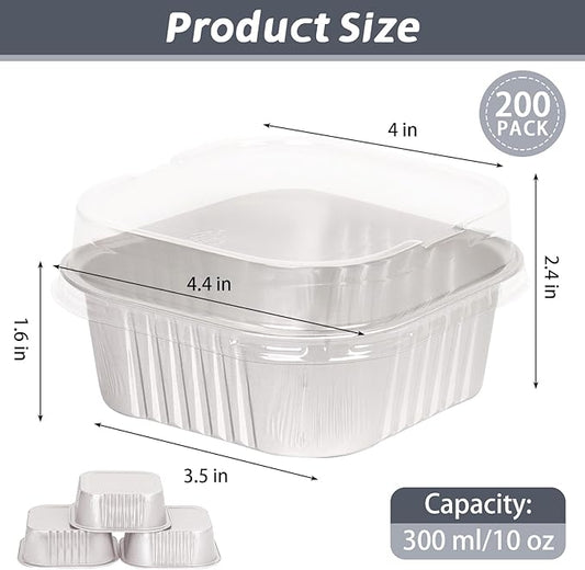 200 Pack 10 oz Silver Mini Aluminum Cake Pans with Lids and Spoons, Disposable Square Baking Cups, Oven Safe Foil Ramekins for Individual Desserts, Cupcakes, Cheesecakes Ramekins Muffin
