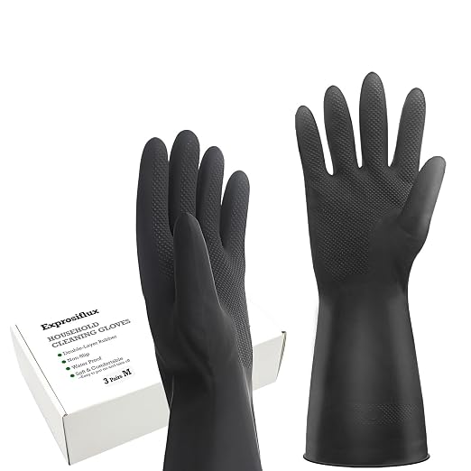Heavy-Duty Thick Black Rubber Cleaning Gloves, 3 Pairs, M | Reusable & waterproof black/orange dual layers. Non-slip design for dishwashing, kitchen cleaning, and auto care.
