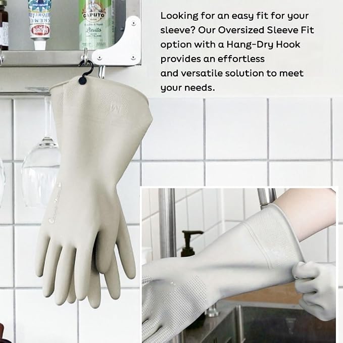 Myungjin 2 Pairs Reusable Waterproof Non-Slip Honeycomb Grip Latex Rubber Gloves with Hang-Dry Hooks/Hanging Loops for Dishwashing Household Cleaning Cooking (Small)