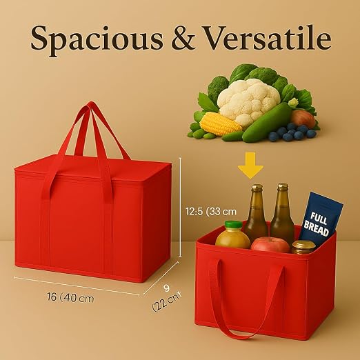 musbus 2Pk Insulated Reusable Grocery Bags, Collapsible Cooler Bag for Groceries, Heavy Duty Large Insulated Bag (Large, Bright Red)