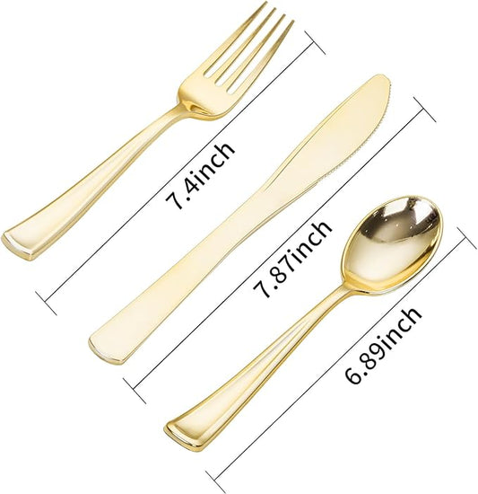 SUT 600PCS Gold Plastic Silverware, Plastic Silverware heavy duty, Disposable Cutlery, 200 Forks,200 Spoons, 200 Knives for Party