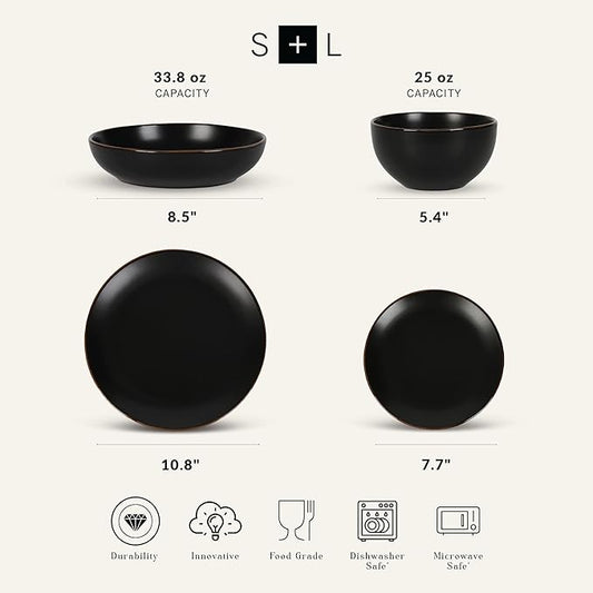 Stone Lain Brasa Modern Stoneware 16 Piece Dinnerware Sets, Plates and bowls Sets, Dish Set for 4, Black