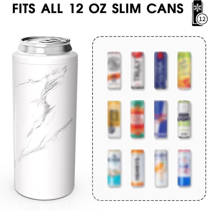 TILUCK Skinny Can Cooler, Stainless Steel Insulated Slim Cans, 12 oz | Beer & Hard Seltzer, Doucle-Walled Stainless Steel Insulated Slim Cans, Slim 12 oz(Marble)