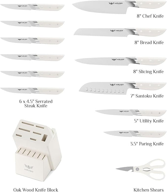 Knife Set - Haugo 14 PCS German Stainless Steel Kitchen Knife Sets with Block and Sharpener - Full Tang Knife Block Set and Ergonomic Handle - Elegant White- Obsidian Series