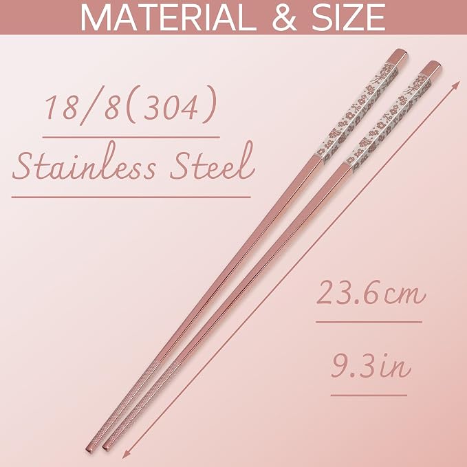 Chopsticks Reusable 18/8 Stainless Steel Chopsticks Pink Sakura Laser Engraved Metal Chop sticks Non-Slip Dishwasher Safe Japanese Korean Chopstick for Cooking Eating 5 Pairs Premium Gift Set