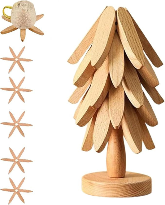 Natural Wood Tree Trivet Set, 𝐍atural Tree Trivet Set - 4 Wooden Trivets,4 Wooden 𝐓rivets & 1 Stand Like a Christmas Trees,for Hot Dish,Pot,Bowl,Teapot,Hot Pot Sets (Natural Wood 5 Trivets,1set)
