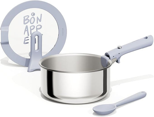 CAROTE 4QT Stainless Steel Sauce Pan with Stand-Up Lid, Nonstick Stainless Steel Pot with Detachable Handle, Non Toxic Kitchen Saucepan, Induction Kitchen Cookware, Oven Safe to 600°F