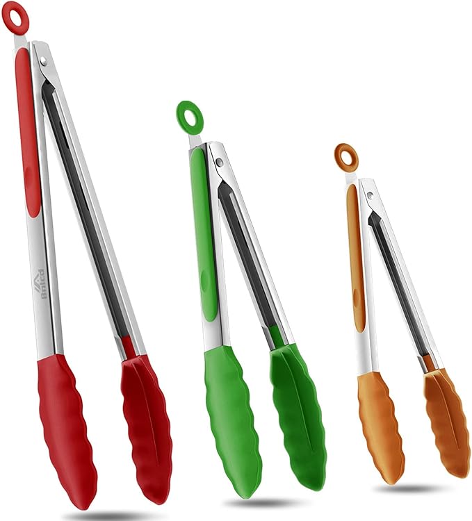 600ºF Heat Resistant Kitchen Tongs, Premium Locking Cooking Tongs with Silicone Tips, Non-Slip Food Tongs for Cooking, Non-Stick, Heavy Duty Stainless Steel Handle, Set of 3-7" 9" and 12" Multicolor