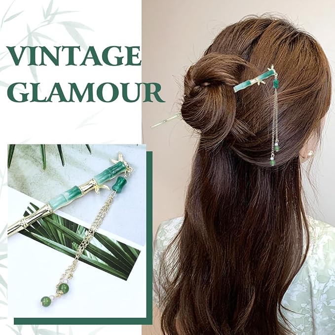 inSowni 8 Pieces Vintage Retro Asian Chinese Hanfu Gold Metal Hair Sticks Pins with Pearl Pendants Bamboo Leaf Flower Fishtail Hair Chopsticks Forks Bun Updo Holders Long Hairpins for Women Girls