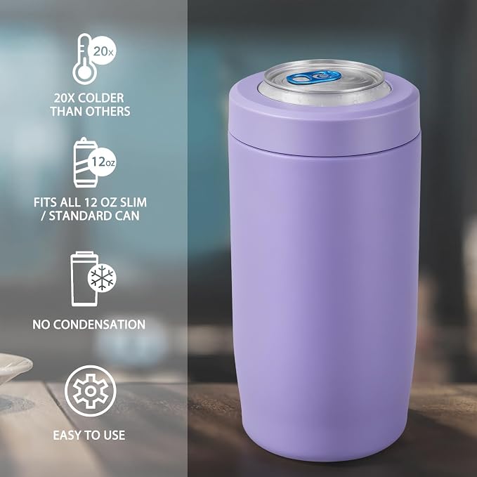 4-in-1 Slim Can Cooler Easy to Hold Insulated Beer Can Holder Double-Walled Stainless Steel for All 12 Oz Cans (lilac purple)