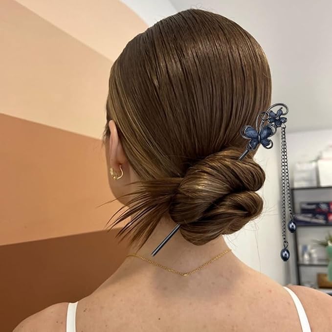 5PCS Butterfly Flower Hair Sticks for Buns Long Hair Retro Vintage Asian Chinese Traditional Hanfu Vintage Floral Metal Hairpins Hair Accessories for Women Girls