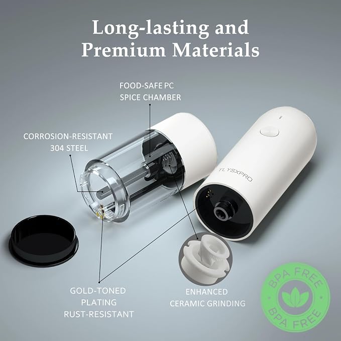 Electric Salt and Pepper Grinder Set, USB Rechargeable, Automatic Salt and Pepper Mill Grinder with Adjustable Coarseness, Electric Salt Shakers, LED Light, Refillable (2 Packs, White)