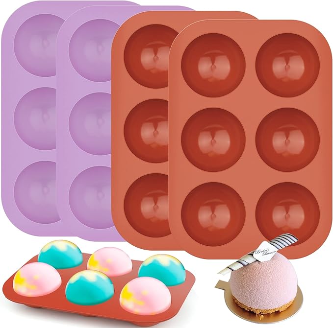 4Pack 6-Cavity Semi Sphere Silicone Mold, Baking Mold for Making Hot Chocolate Bomb, Cake, Jelly, Dome Mousse ((2Pcs Purple + 2Pcs Red))