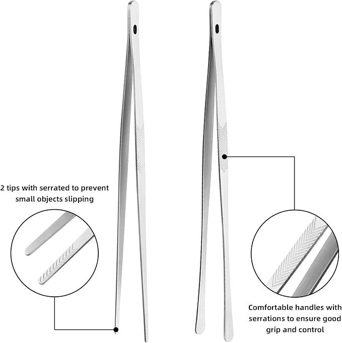 2PCS 12" Stainless Steel Kitchen Tongs Tweezers with Serrated Tips | Precision Grip, Chef Grade, Sturdy Kitchen Utensils, For Serving Food Pasta Salad, Suitable for Grill BBQ Culinary Use