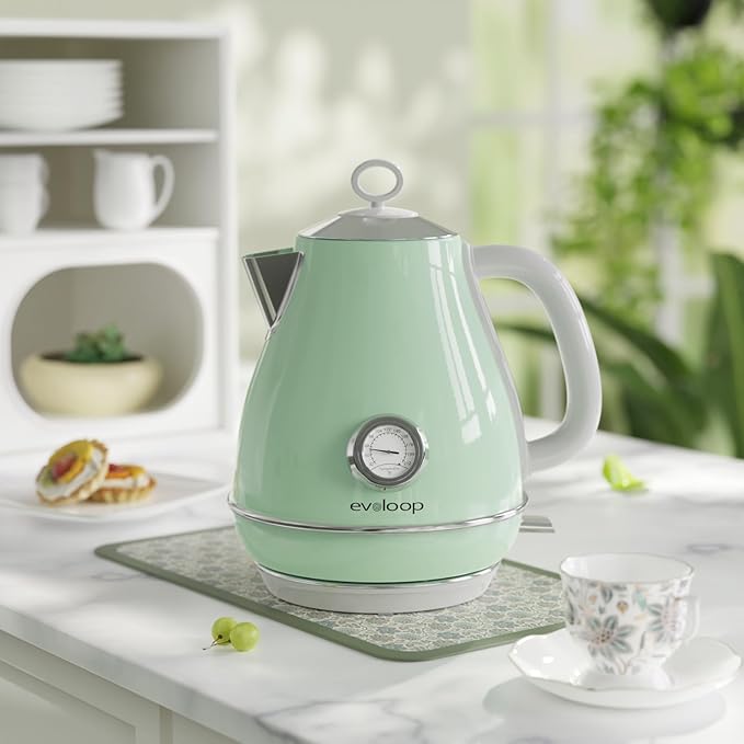 Evoloop Electric Tea Kettle, 1500W /1.7 Liter Hot Water Boiler Heater Pot, Retro Electric Kettle with Thermometer, Auto Shut-Off & Boil-Dry Protection, BPA Free,Stainless Steel Teapot