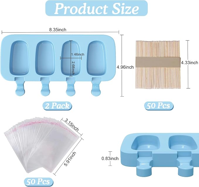 Ozera 2 Pack Silicone Popsicles Molds, Cake Pop Molds, Blue | Popsicles Molds Maker, with 50 Wooden Sticks & Bags, 4 Cavities Oval, Easy to Release