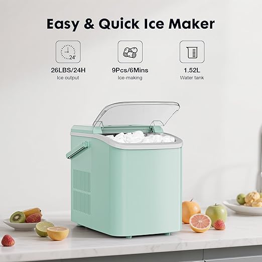 Sweetcrispy Countertop Ice Maker with Scoop, Basket and Handle, Portable Ice Machine 9 Cubes Ready in 6 Mins, 26.5lbs in 24Hrs, 2 Sizes for Home Kitchen Office Bar Party, Green