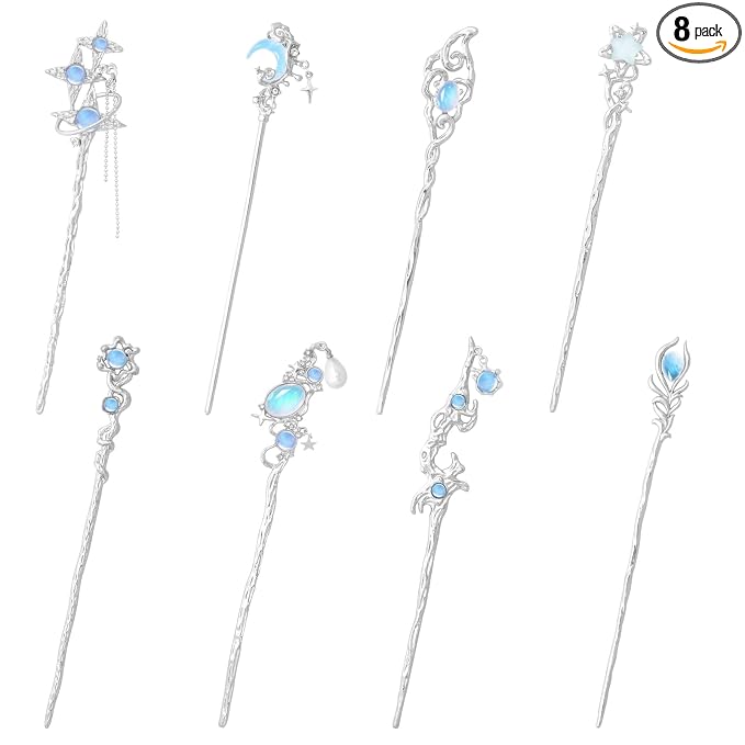 8 Pcs Star Moon Hair Sticks Chinese Hanfu Asian Hair Chopsticks Metal Silver Hair Bun Updo Holders for Women Accessories Long Hair