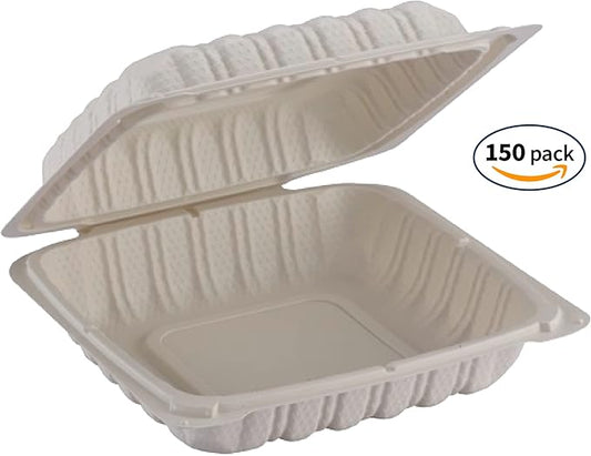 TIYA Clamshell Food Containers - White Bulk 150 Pack, 8x8 in - BPA-Free Plastic To-Go Containers - Microwavable, Hinged, Tall Reusable Clamshells - Great for Meal Prep