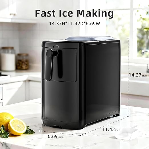 Electactic Countertop Ice Maker Machine 18lbs/24H, 6-Min Fast Bullet Portable Ice Maker, 6.69” Slim Space-Saving with Auto-Drain Drawer, Self-Cleaning, Scoop for Kitchen RV, Black