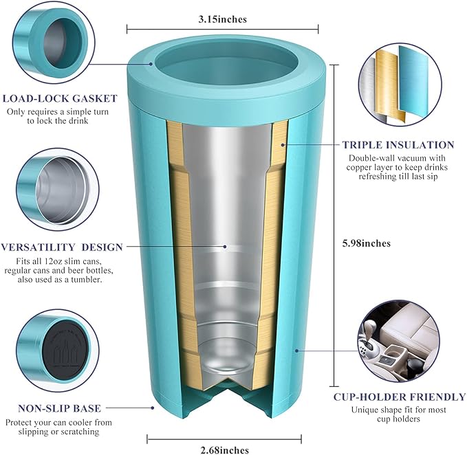 Pealeap 4-in-1 Insulated Slim Can Cooler for All 12oz Cans & Beer Bottles | Double-walled Stainless Steel Vacuum Can Cozy | Keep 8Hrs Cold | Universal Fits 12oz Drinks | No Sweat | Cup Holder Friendly