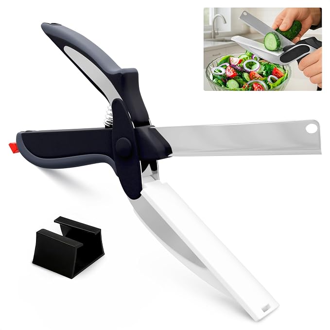 2 in 1 Kitchen Scissors for Food with Cutting Board, Safety Lock | Stainless Steel Cutting Board Scissors for Veggies, Fruit & Cheese; 9.5" Detachable Blade; Dishwasher Safe Tomato Knife