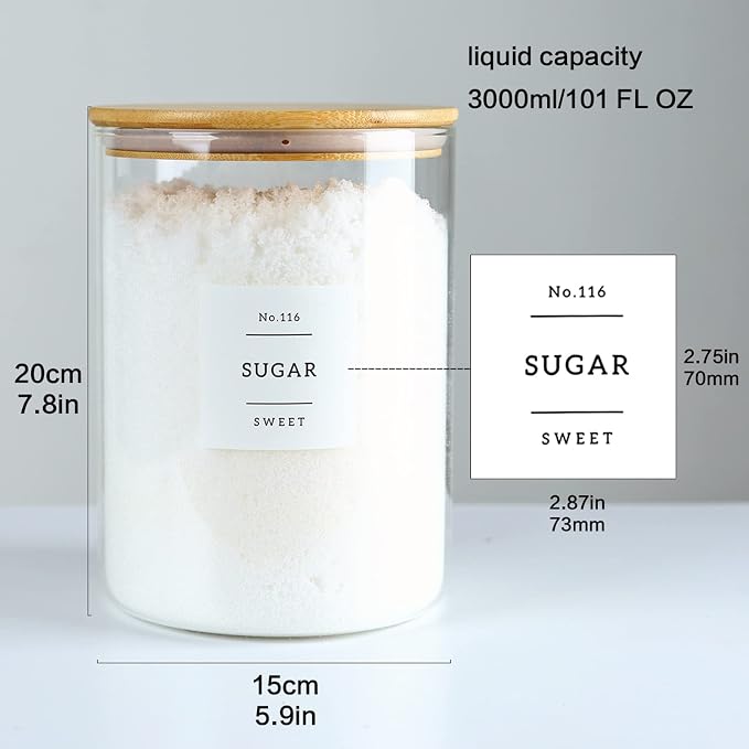 CZSZYGHBAO Large Glass Flour and Sugar Containers Jars with Bamboo Airtight Lid - 100 Fl Oz (3000ml) with Kitchen 42 Pantry Labels for Dry Food, Flour, Pasta, Cereal