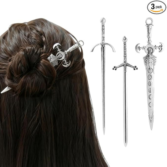 3-Piece Sword Hair Pin Set – Gothic and Viking Hair Accessories for Women, Medieval Hair Sticks & Renaissance Hair Jewelry