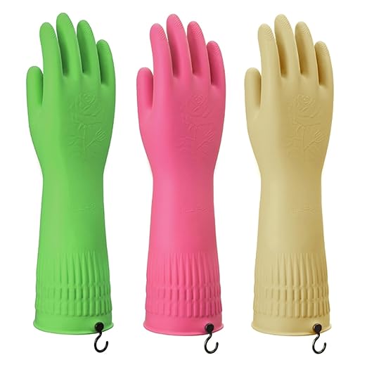 Rubber Gloves for Cleaning – 3 Pairs Reusable Gloves for Dishwashing, Kitchen and Household Tasks, 15-Inch Long (With Hook, XL(Fits Large Hands))