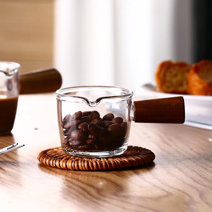 Mwellewm Single Spout Espresso Coffee Shot Glass with Wood Handle Measuring Cup Triple Pitcher Milk Cup Coffee Replacement Carafe for Barista Coffee Carafe Milk Espresso Making, 75 ml (2 Pieces)